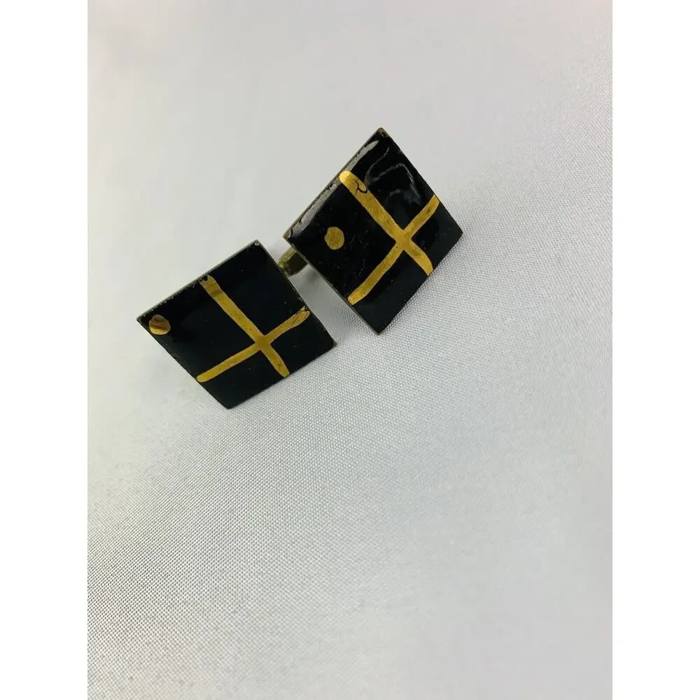 Vintage Men's Enameled Goldtone and Black Square Cufflinks Artsy Retro Toggle